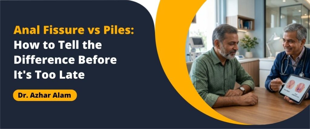 Doctor explaining anal fissure vs piles to a patient during a colorectal consultation.