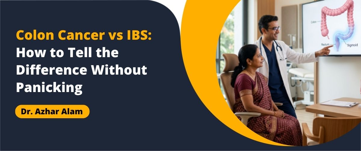 Doctor explaining Colon cancer vs IBS during a patient consultation.