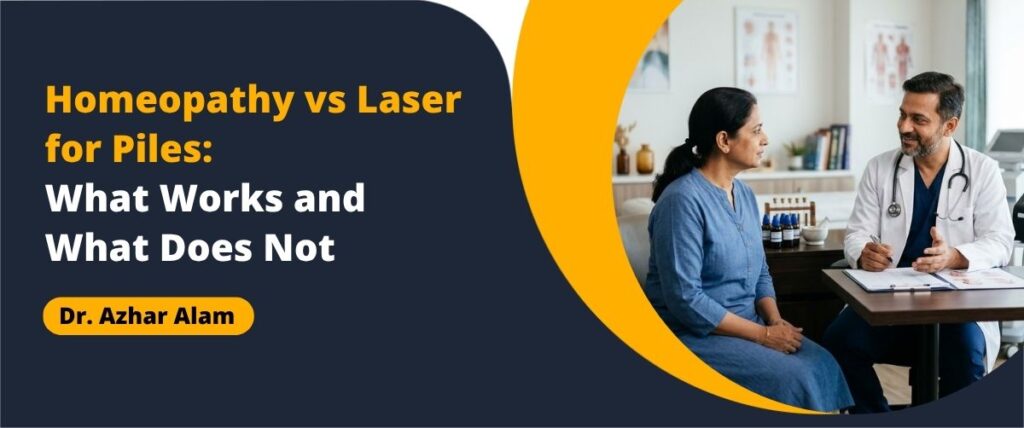 Specialist consultation comparing Homeopathy vs Laser for piles treatment.